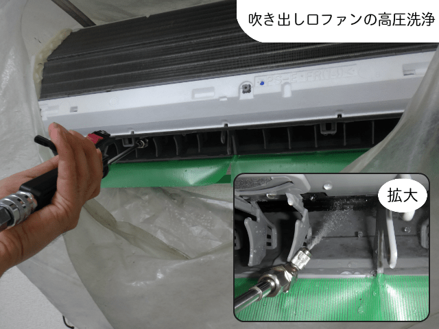 富士通ノクリアエアコン洗浄のために吹き出し口へ高圧洗浄